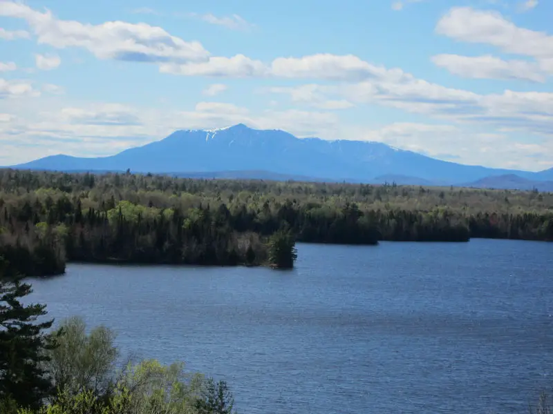 The view looking across Salmon Stream Lake at Mount Katahdin just north of Medway, Maine