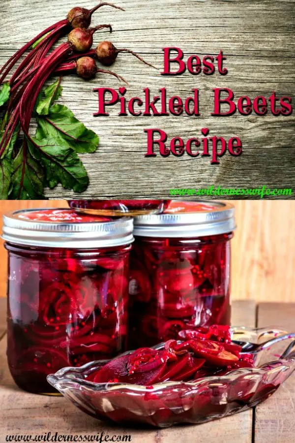Beets fresh from the garden resting on a cutting board and jars of canned pickled beets in back of a glass dish full of sliced pickled beets.