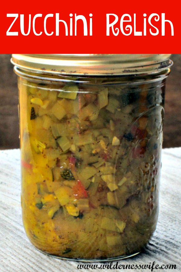 A canning jar filled with Sister Jo's Zucchini relish.