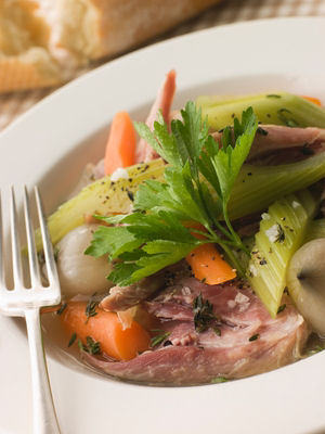 pork pot au feu in soup bowl Beef pot au feu, pork pot au feu