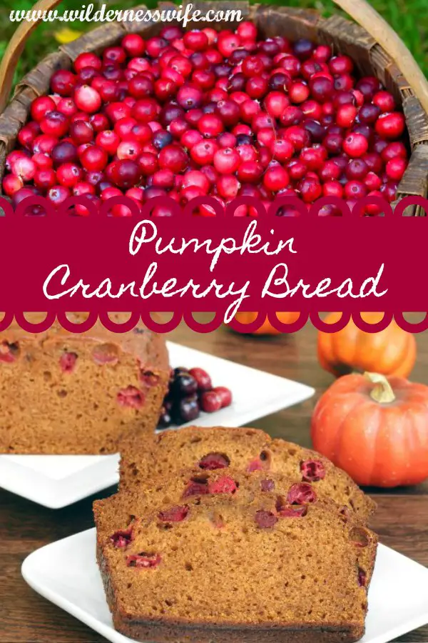 A basket of fresh cranberries and some slices of warm Pumpkin Cranberry Bread with mini pumpkins on a cutting board.