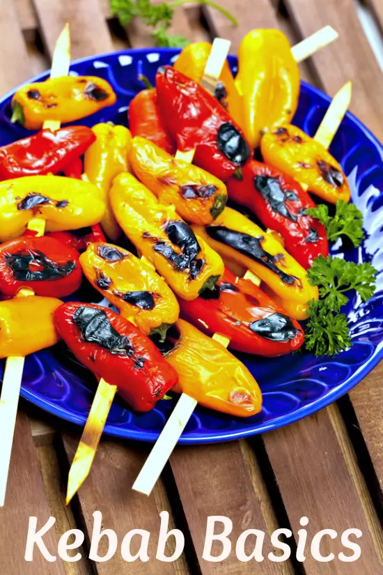 Sweet pepper Shish Kebabs on a blue plate.