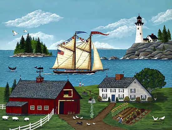 folk art, Grammy Mouse, art, paintings, art prints, lighthouse, Maine, windjammer, saltwater farm