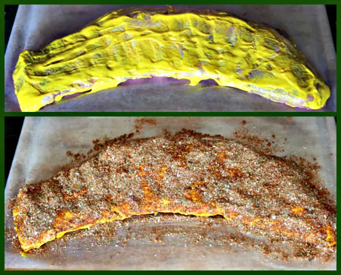 Mustard and dry rub are applied to the ribs.