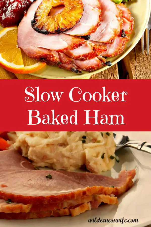 Slices of slow cooker baked ham on plates with mashed potatoes, pieapple slices, and green beans.