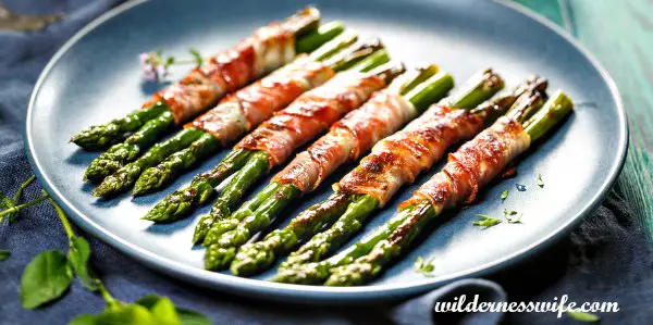 Bacon wrapped asparagus on a blue stoneware platter