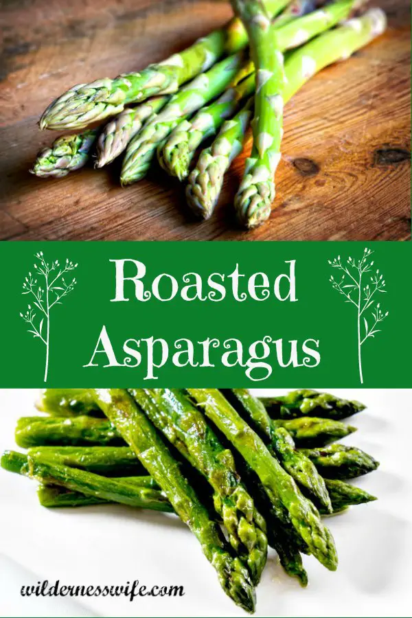 Fresh asparagus on a wooden cutting board and oven roasted asparagus on a white plate.