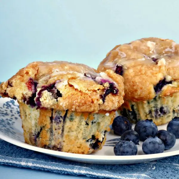2 muffins made with the Jordan Marsh Blueberry Muffin Recipe  sitting on blue and white plate