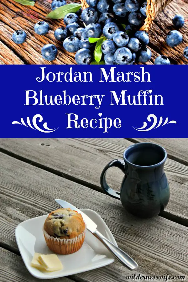 Muffin made from Jordan Marsh Blueberry Muffin Recipe with a cup of coffee