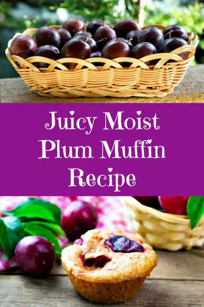 A basket of plums and a juicy plum muffin on a table.