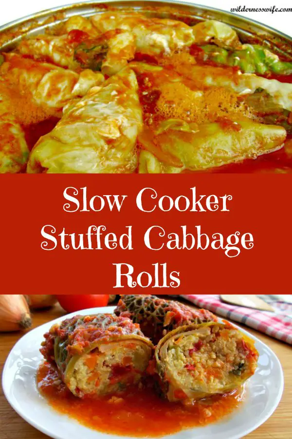 Composite of a close up of cabbage rolls cooking in crockpot and 3 slow cooker stuffed cabbage rolls on a white plte