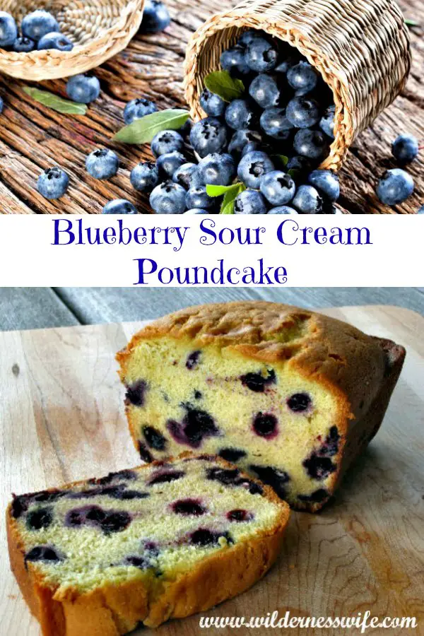 A basket of fresh blueberries on a wood table and a moist and delicious Blueberry Sour Cream Poundcake