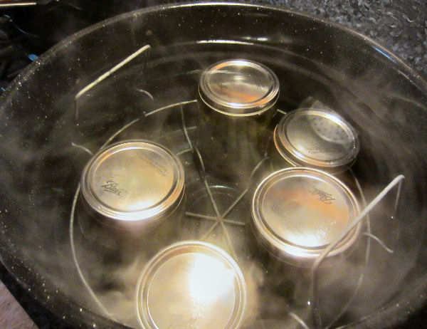 Canning jars in enamel canning kettle for water bath canning method.