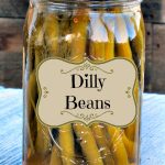 Jar of canned Dilly Beans made in our Dilly Bean water bath canning tutorial using our easy Dilly Bean recipe.