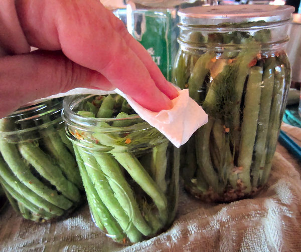 Wiping canning jar rims clean during water bath canning process to make dilly beans.