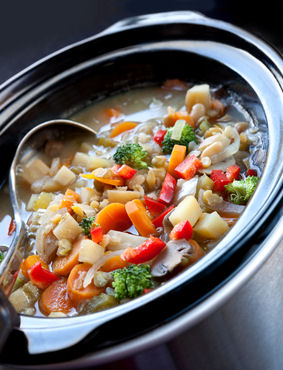 Slow Cooker Chicken Soup simmering in a crockpot