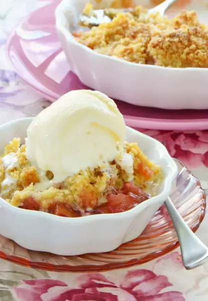 Rhubarb crumble topped with vanilla ice cream in a white ceramic bowl