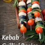 vegetable kebabs ready for the grill setting on a wooden table