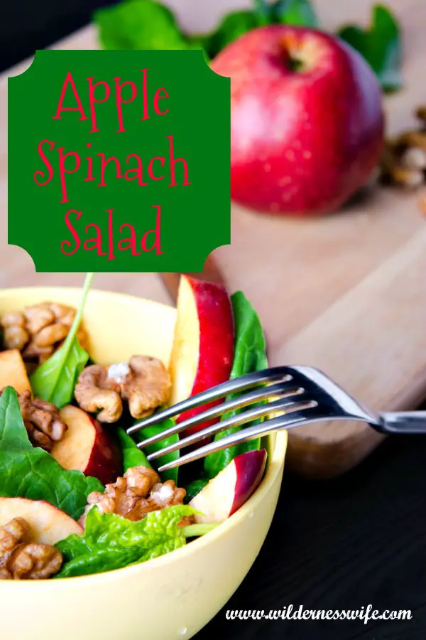 A delicious apple spinach salad recipe with the spinach, apple, walnut combination in a white bowl. Red apple on cutting board in background.