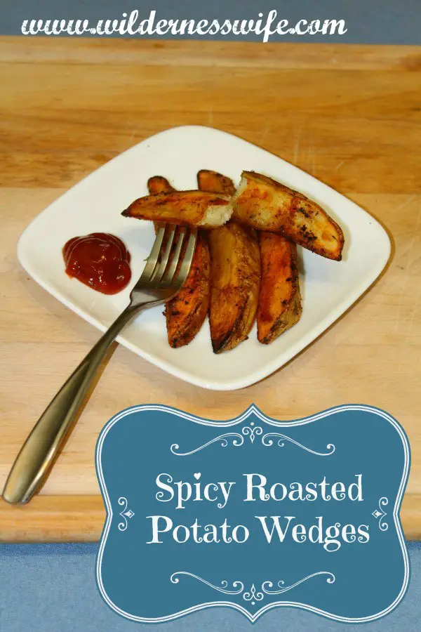 Spicy Roasted Potato wedges on a white plate with a helping of chile sauce for dipping