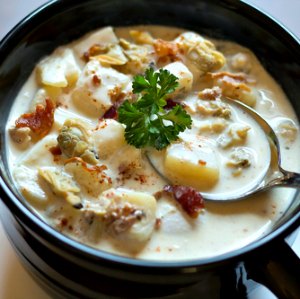 Steaming Bowl of New England Clam Chowder made from my favorite soup recipe.