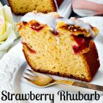 Delicious strawberry rhubarb bread with glaze sliced on a plate. This best moist strawberry rhubarb bread recipe makes a great treat for a Mother's Day brunch