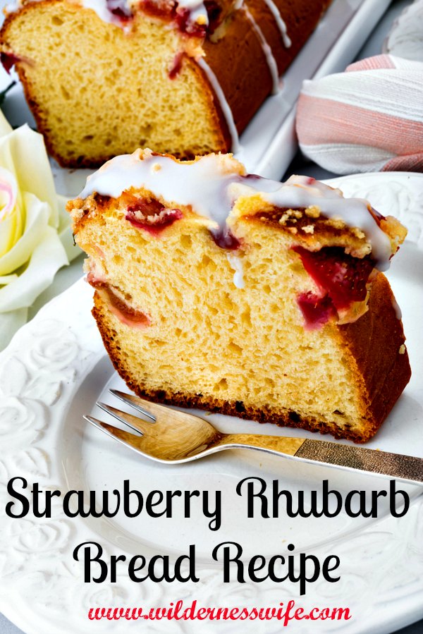 Delicious strawberry rhubarb bread with glaze sliced on a plate. This best moist strawberry rhubarb bread recipe makes a great treat for a Mother's Day brunch