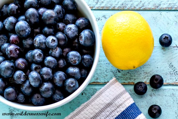 Bowl of fresh blueberries and a plump yellow lemon ready for zesting.