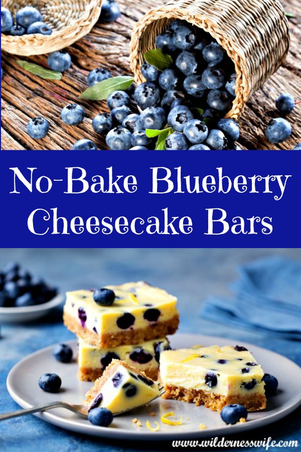 Basket of fresh Maine Bluerries spilling out onto a rustic wooden cutting board and a grey plate stacked with No-Bake Blueberry Cheesecake Bars ready to eat. Yummy!