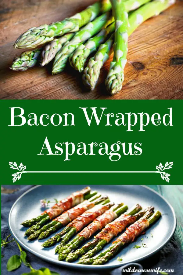 Bacon Wrapped Asparagus served on a blue stoneware platter. 
