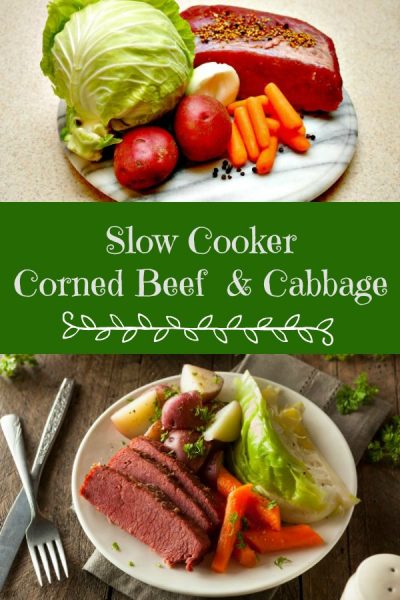 All the ingredients for a Corned Beef and Cabbage dinner cooked in your slow cooker.  This recipe creates a tender, moist, and delicious roast brisket. 