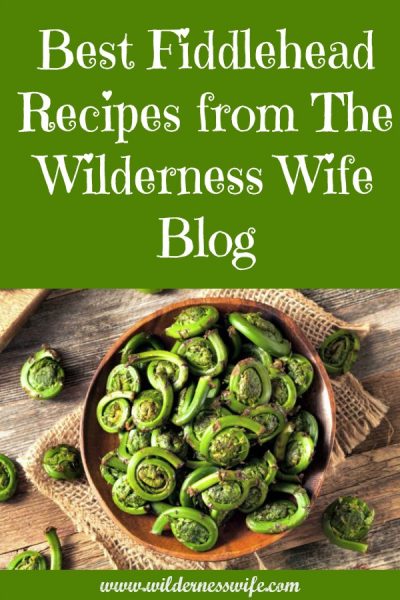 Wooden bowl filled with fiddlehead ferns ready for use in The Wilderness Wife Blog Fiddlehead recipes.