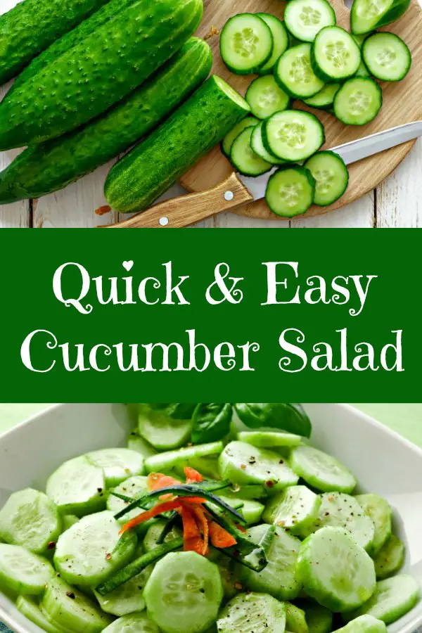 Collage of cucumbers on a cutting board and quick & easy cucumber salad garnished with basil and julienne carrots