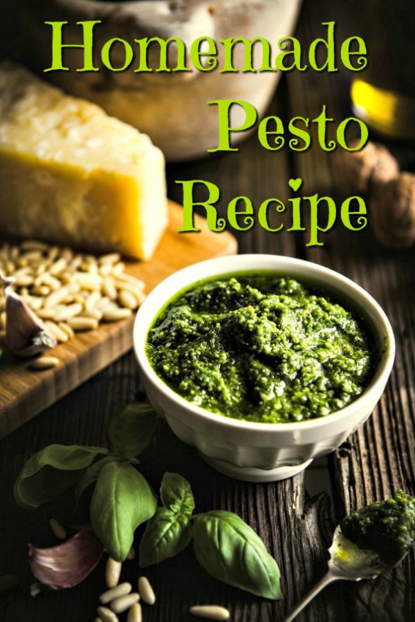 Homemade basil pesto in a cream bowl sitting on a dark wooden table. Parmesan cheese, pine nuts, garlic cloves and basil leaves are scattered around the bowl.