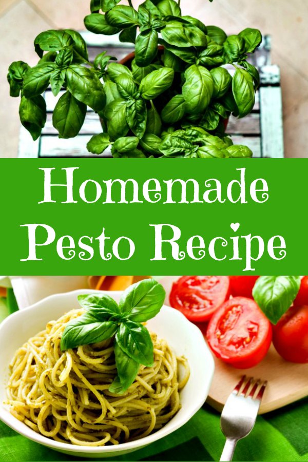 Collage of pesto with top photo pesto growing in a pot on my deck and bottom photo of a bowl of pasta with pesto sauce and sliced tomatoes.