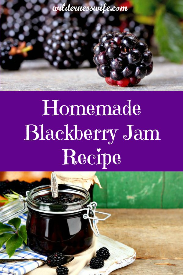 Closeup of blackberries loose on a table and photo of jar of homemade blackberry jam with spoon in it.