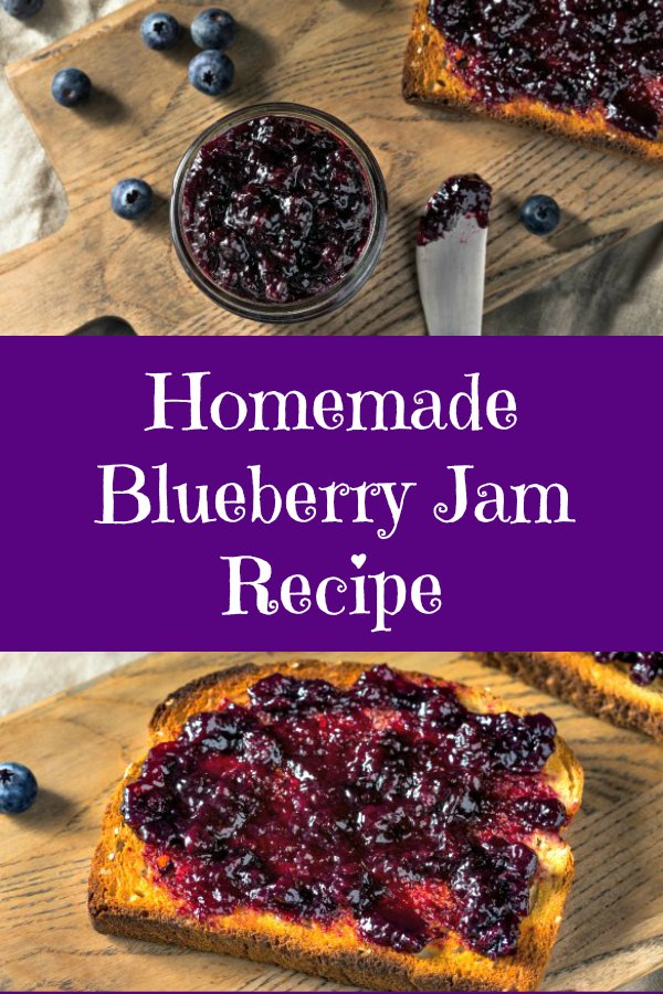 picture of jar of blueberry jam and a piece of toast slathered with blueberry jam on a wooden cutting board