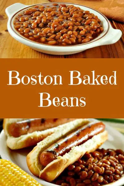 Boston Baked Beans on a white plate with two hot dogs in buns covered with mustard