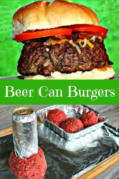 Beer Can Burger stuffed with toppings and hamburger being formed into a "Beer Can Burger"