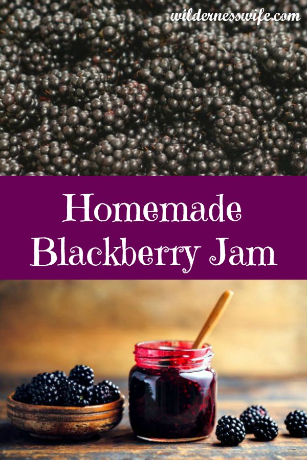 A jor of blackberry jam with a spoon in it sitting on a wooden table next to a bowl of blackberries.