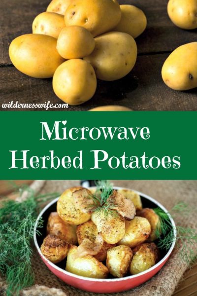 Microwave Herbed Potatoes in a bowl on a piece of burlap with a sprig of dill