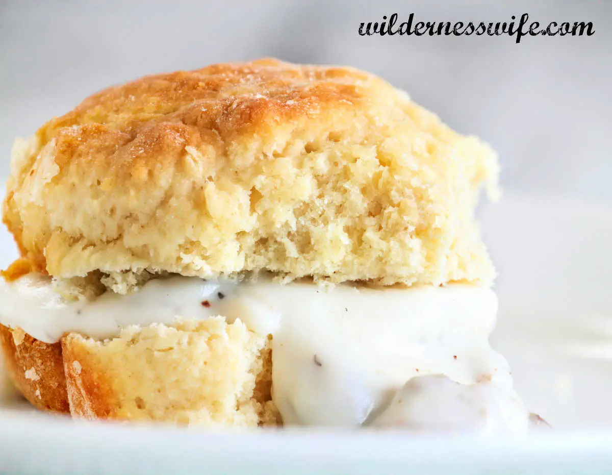Homemade biscuit with sausage gravy closeup