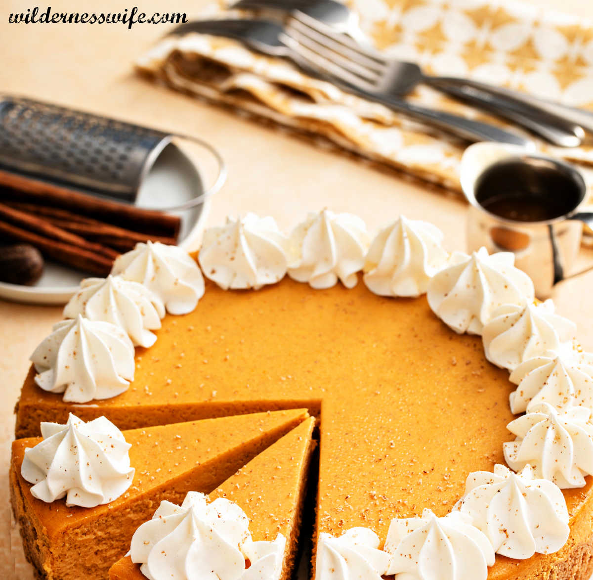 Pumpkin Cheesecake enhanced with piped decorative homemade whipped cream