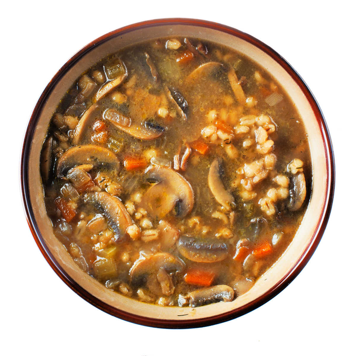 Overhead shot of Mushroom barley soup in a brown rimmed cream color pottery bowl.