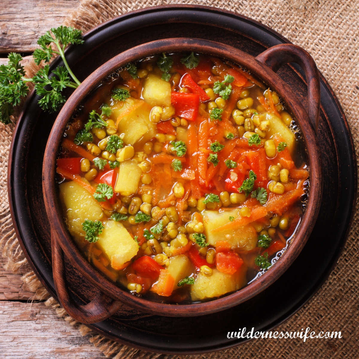 Bowl of vegetable soup in brown earthenware soup bowl.