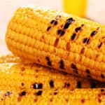 Close-up of ears of grilled sweet corn with grill char marks on the corn kernels