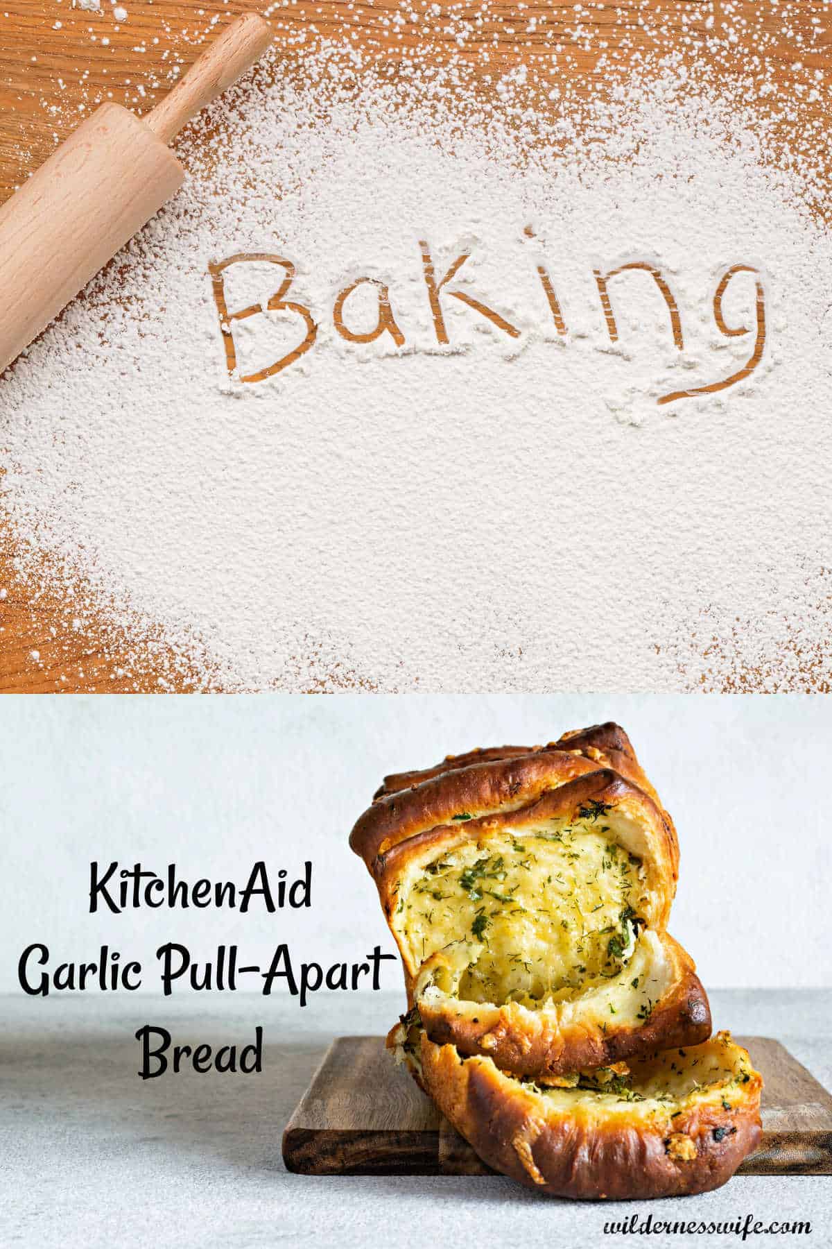 Cutting board with Baking written in flour and photo of KitchenAid Garlic Pull-Apart Bread loaf on cutting board showing flecks of fresh parsley through the bread.
